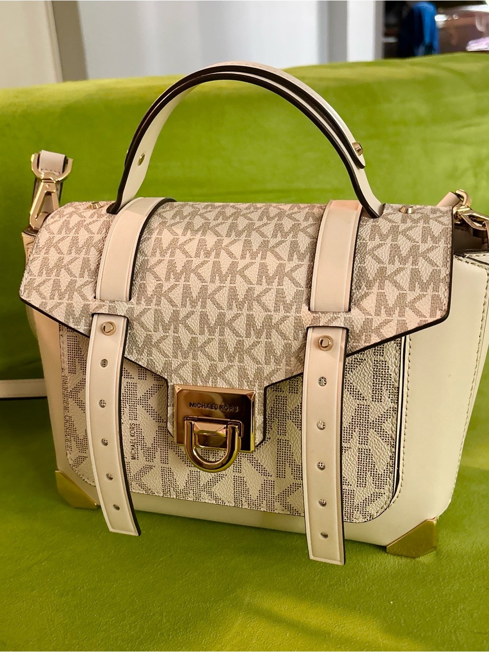 Michael Kors Beige and Cream Logo Manhattan Satchel Purse
